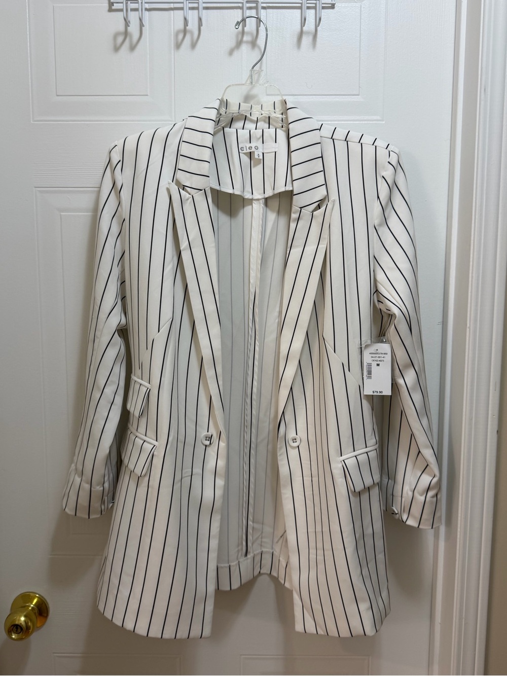 White and Black Vertical Stripe Longline Blazer